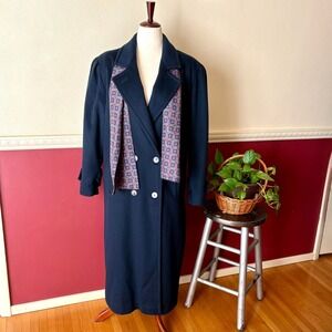 Vintage Jofeld Navy Blue Wool Blend Double Breasted Long Coat M Scarf USA Made